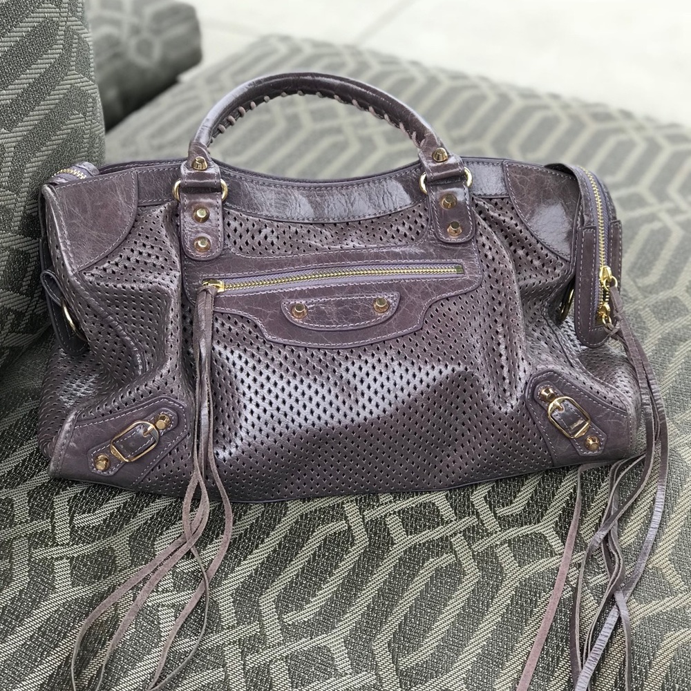 Dark Plum Perforated Leather Satchel with Gold hardware handbag moto city bag